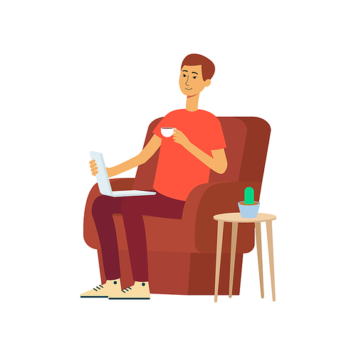 Man with laptop and cup sitting in chair cartoon style, vector illustration isolated on white background. Freelancer works on computer in home armchair drinking tea or coffee