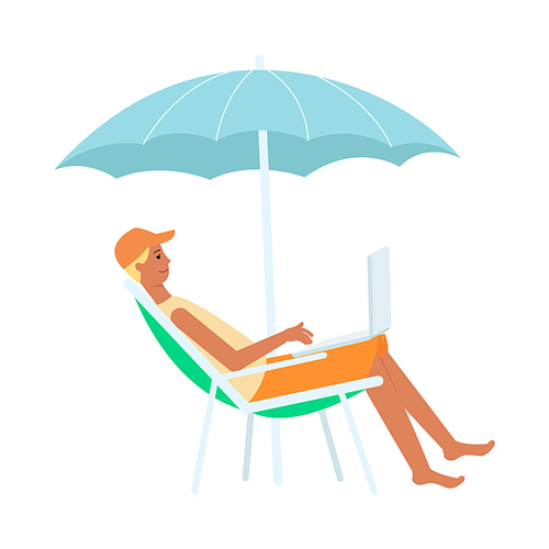 Man with laptop sitting in lounge chair under umbrella cartoon style, vector illustration isolated on white background. Freelance guy working on computer on the beach