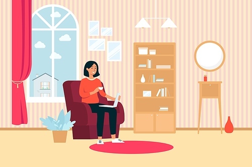 Woman with laptop and cup sitting in chair at home cartoon style, vector illustration on flat interior background. Freelance girl works on computer in living room armchair