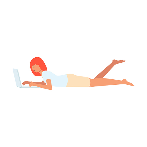 Smiling woman is lying down with laptop cartoon style, vector illustration isolated on white background. Relaxed girl is working on computer at home, freelance lifestyle