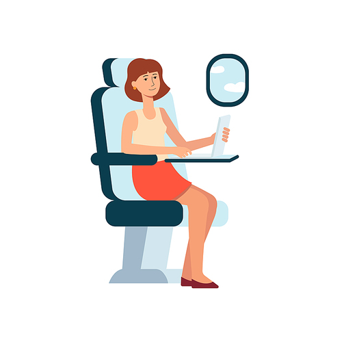 Woman with laptop sitting in airplane near window cartoon style, vector illustration isolated on white background. Freelance girl traveling by plane and working on computer