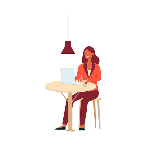 Woman with laptop and coffee sitting at the table cartoon style, vector illustration isolated on white background. Freelance girl working on computer in coworking or cafe