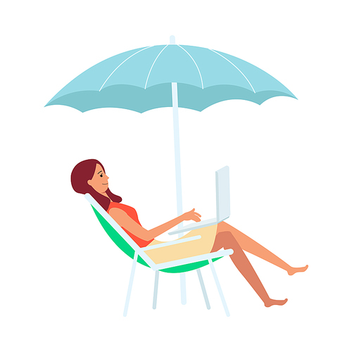 Woman with laptop sitting in lounge chair under umbrella cartoon style, vector illustration isolated on white background. Freelance girl working on computer on the beach