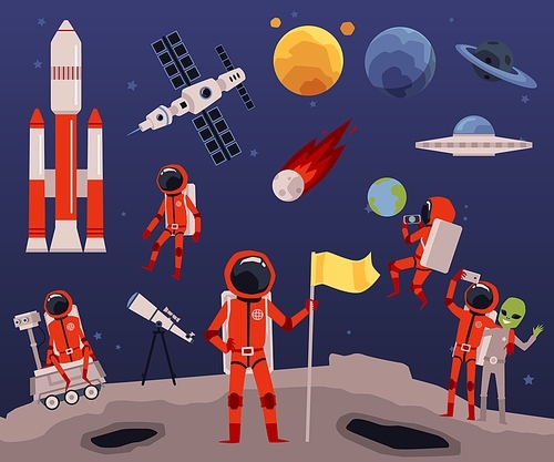 Astronomy set - cartoon astronaut standing on surface of moon with flag surrounded by space exploration equipment and planets - flat vector illustration.