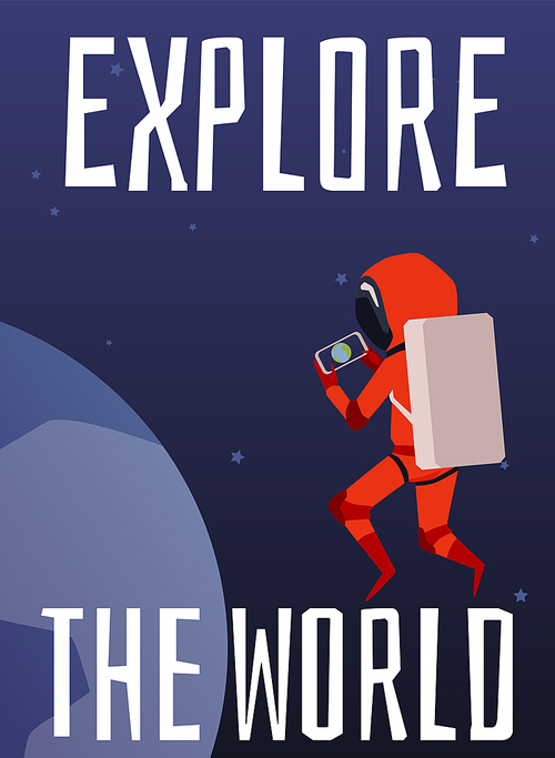 Explore the world - inspirational banner with astronaut at outer space and planets dark background, flat vector illustration. Cosmos exploring and adventure.