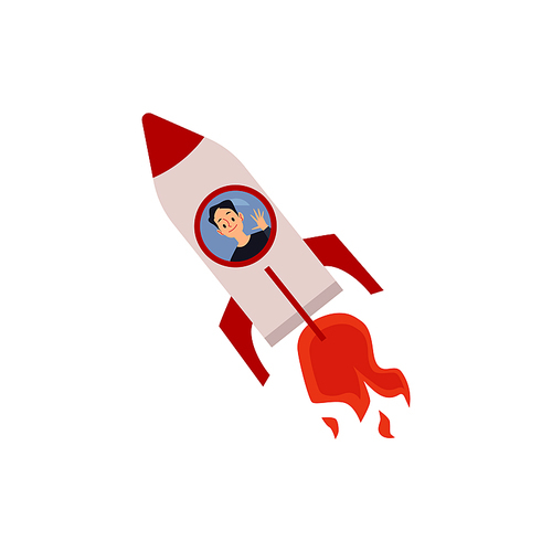 Cartoon astronaut waving from flying rocket window - young man smiling and waving during spaceship liftoff. Flat isolated vector illustration on white background.