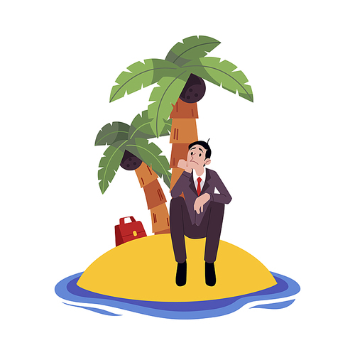 Sad businessman sitting alone on island surrounded by water cartoon style, vector illustration isolated on white background. Frustrated male with business troubles, crisis concept