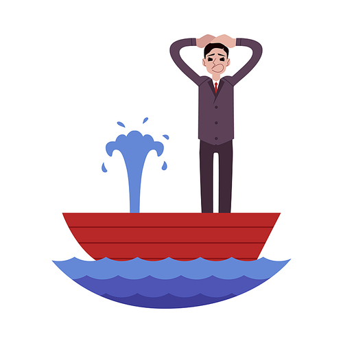 Panicked businessman standing in leaking boat and holding head cartoon style, vector illustration isolated on white background. Screaming male while shipwreck, business crisis concept