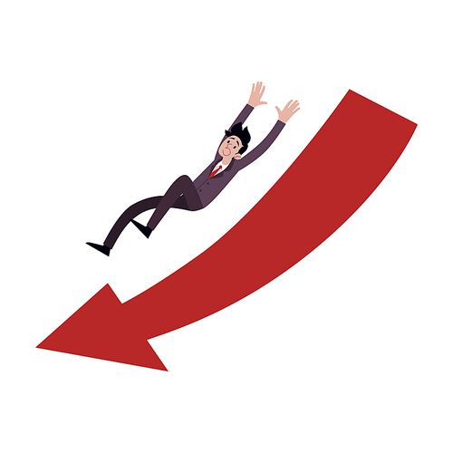 Businessman falling down in the direction of huge red arrow cartoon style, vector illustration isolated on white background. Male with business failure or troubles, crisis concept