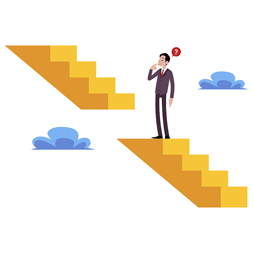 Businessman stands on broken stairs thinking how get next level cartoon style, vector illustration isolated on white background. Male climbing the career staircase, business challenge concept