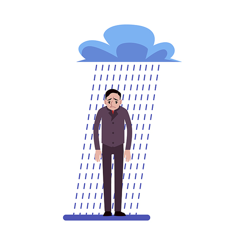 Depressed businessman standing in the rain under a cloud cartoon style, vector illustration isolated on white background. Tired male person with business troubles, crisis concept