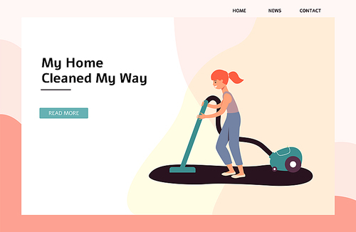 Child girl vacuums carpet or floor and uses vacuum cleaner, concept of family house cleaning. Kid girl doing housework and vacuuming, flat cartoon vector illustration for banner and poster.