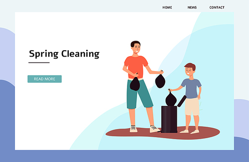 Spring cleaning - seasonal web banner or landing page template with cartoon characters of dad and boy the flat vector illustration. House cleaning concept background.