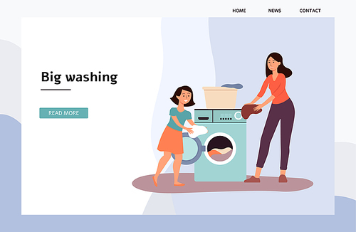 Landing page with cartoon characters of mother and child in the laundry, flat vector illustration. Banner for website of laundry service or washing machine sale.