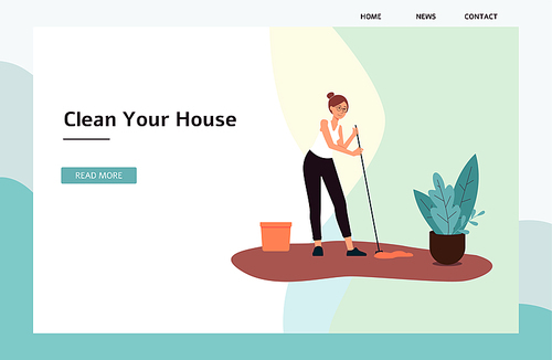 A young woman with glasses is washing the floor with a mop, the girl is mopping. The woman is cleaning the house, doing housework and washing the floor with a mop, flat cartoon vector illustration.