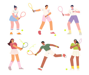 테니스 라켓을 들고 테니스 경기를 하는 사람들 모음.