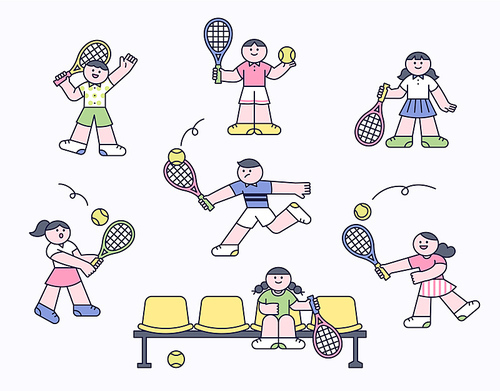귀여운캐릭터의 테니스 선수들이 테니스를 치고 있다.
