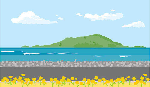유채꽃이 있는 조용한 바닷가 도로. 바다멀리 섬이 보인다.