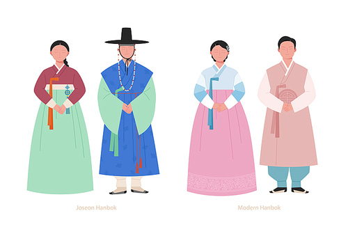 조선시대 남녀 한복과 현대의 한복.