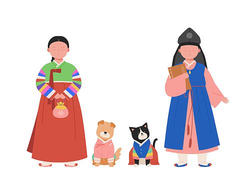 색동한복을 입은 여자아이와 도련님 한복을 입은 남자아이. 한복을 입은 강아지와 고양이