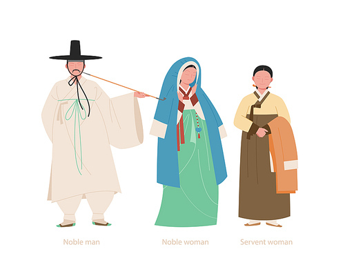 조선시대 양반과 장옷을 머리에쓴 귀부인과 하인.