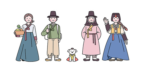 조선시대 기본한복을 입은 남녀와 겨울 한복을 입은 남녀 그리고 강아지