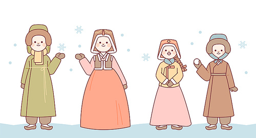 겨울 한복을 입고 있는 귀여운 캐릭터들.