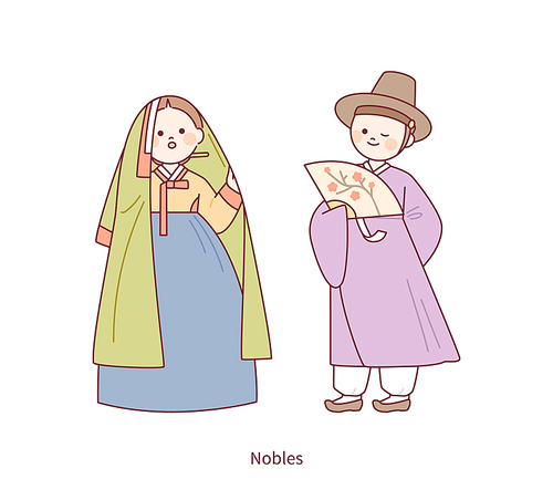 조선시대 캐릭터. 장옷을 입고 있는 여성과 부채를 든 남성.