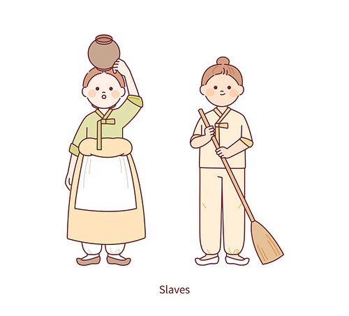조선시대 항아리를 머리에 이고 있는 여성과 빗자루질을 하는 남성