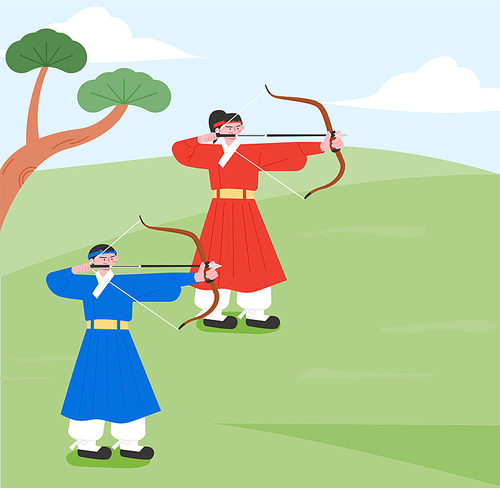 전통의상을 입은 두명의 궁수가 국궁 시합을 하고 있다.