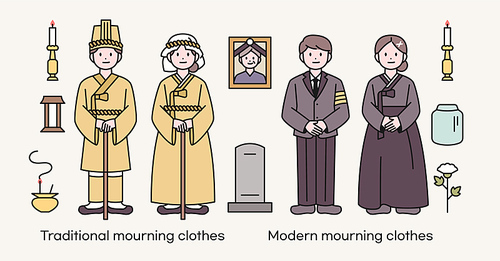 전통 삼베 장례의상과 현대 장례의상을 입고 있는 사람들과 장례식 사물들 모음.