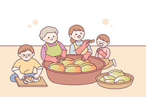 할머니와 엄마 아빠 아이가  김장을 하고 있다. 엄마가 아이에게 김치를 맛보여 주고 있다.