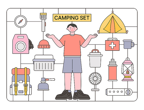 캠핑 하는 사람과 캠핑장비. 프라모델 컨셉.