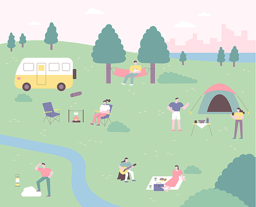 넓은 공원에서 캠핑을 하는 많은 사람들.