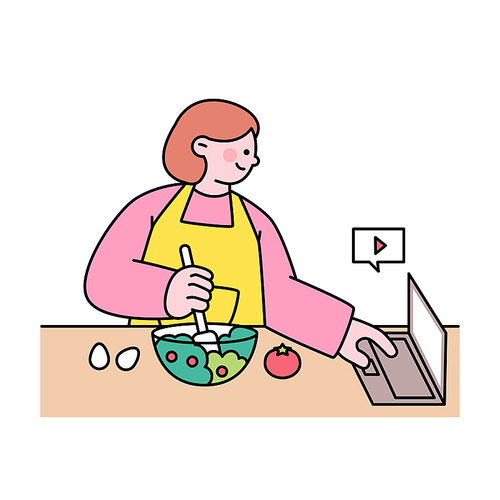 온라인 영상을 보며 요리를 하는 사람