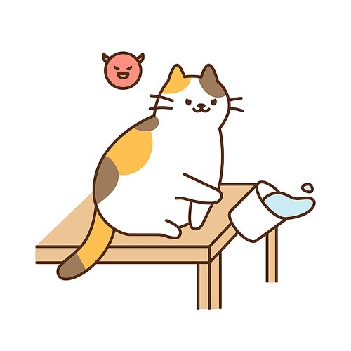 반항적인 표정의 고양이가 테이블위에 물컵을 발로 쳐서 떨어트린다.