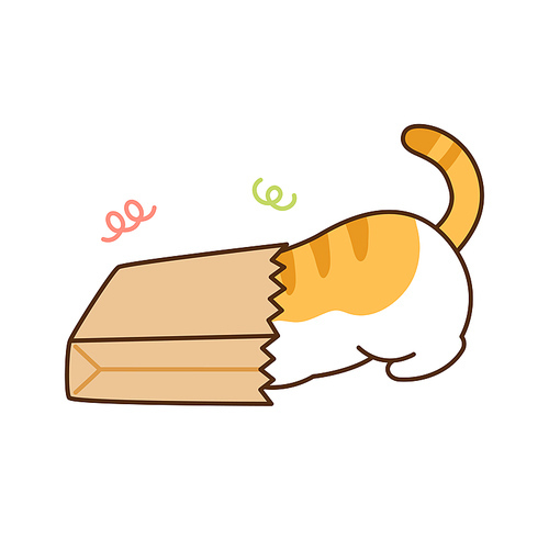 귀여운 고양이가 종이봉투에 머리를 집어 넣고 있다.