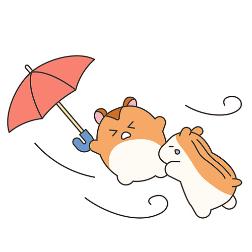 우산을든 귀여운 햄스터가 바람에 날아가고 있다.