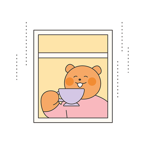 곰이 창밖에 비를 보며 차를 마시고 있다.