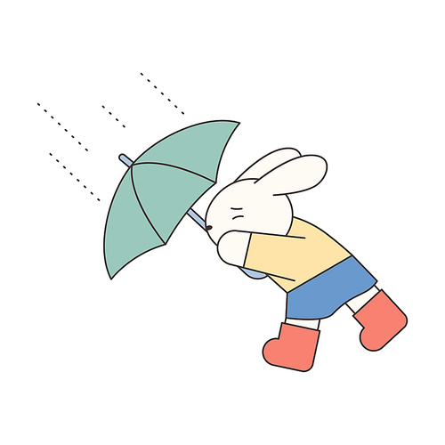 한 토끼가 비바람 속에서 힘들게 우산을 쓰고 가고 있다.