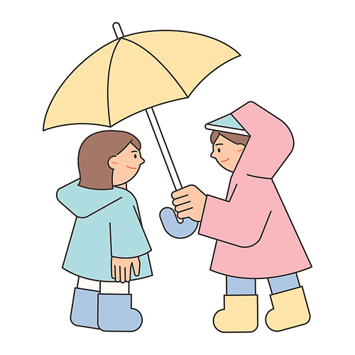 남자아이가 여자아이에게 우산을 씌워주고 있다.