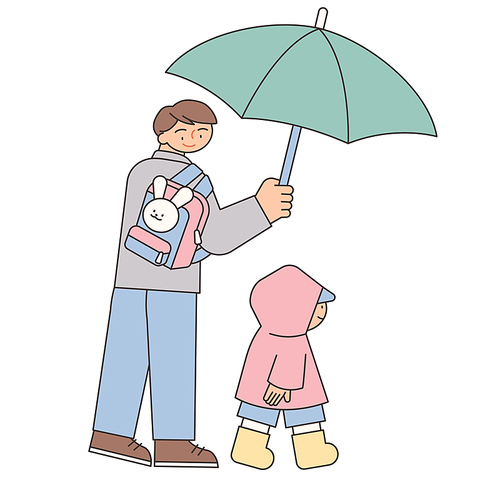 아빠가 아이에게 우산을 씌워주면 함께 등교하고 있다.