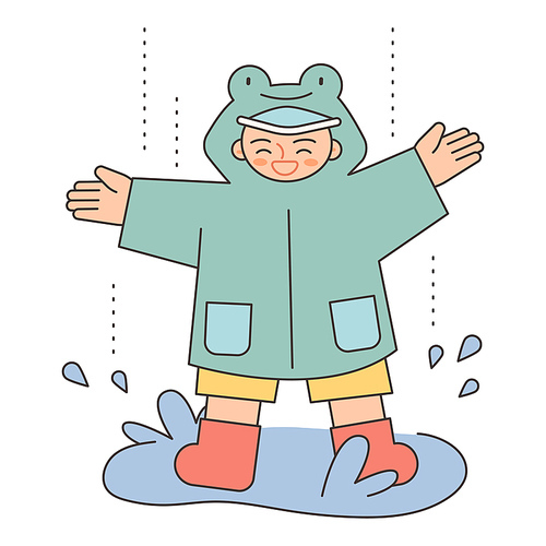 개구리 비옷을 입은 아이가 물웅덩이에서 장난을 치고 있다.
