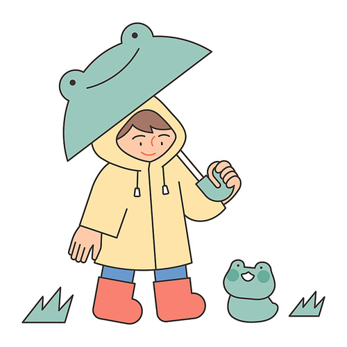 비옷을 입은 귀여운 아이가 개구리 우산을 쓸고 개구리를 보고 있다.