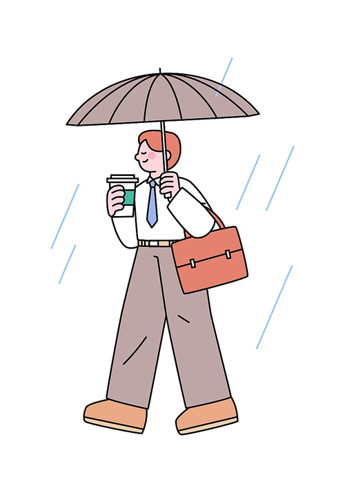 한 직장인이 우산을 쓰고 출근을 하고있다.