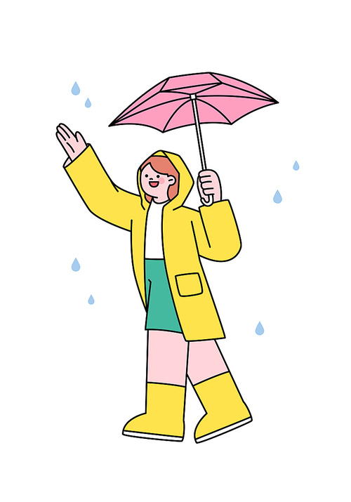 비옷을 입은 소년이 우산을 들고 즐거워 하고 있다.