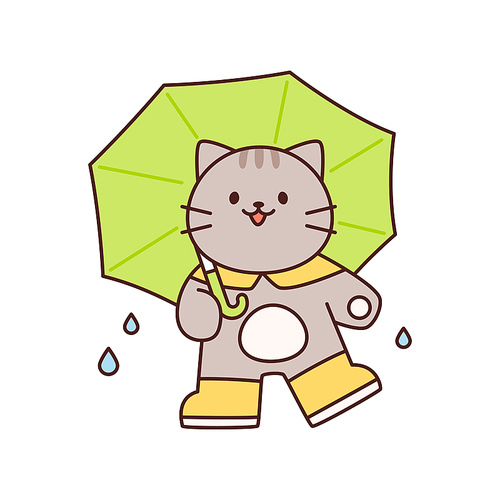 귀여운 고양이가 우산을 쓰고 장화를 신고 있다.