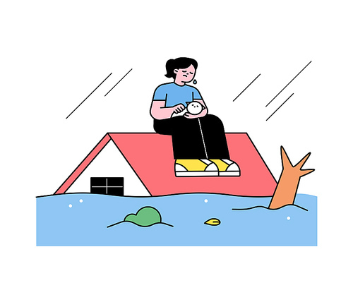 홍수로 지붕으로 대피한 여성. 강아지를 안고 있다.