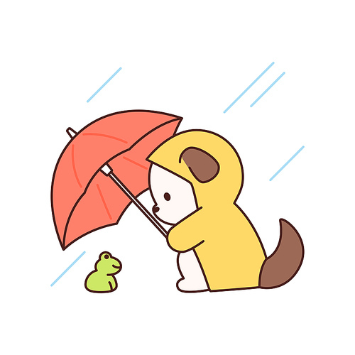 비옷을 입은 강아지가 개구리에게 우산을 씌워주고 있다.