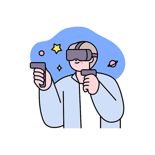 VR안경을 쓰고 게임을 즐기는 노인